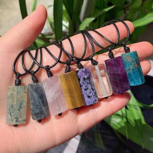 Natural Stone Pendant Crystal Necklace Rectangle Kyanite Amethysts Pink Quartz Pendulum Chakra Pendulo Healing Jewelry Necklace