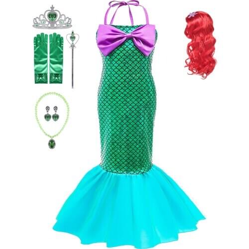 Girls Princess Ariel Dress Summer Pool Party Little Mermaid Cosplay Clothes Bikini wig Carnival Halloween Fancy Costume for kids