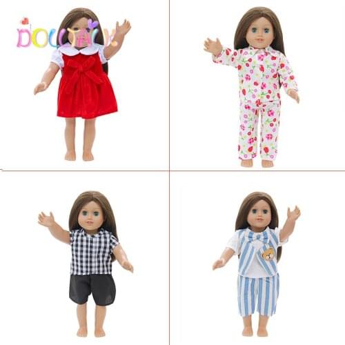 Stripe And Plaid Shirt Doll Clothes Set Fit 18 Inch American&43 CM Baby Reborn Doll Red Bow-knot Dress For Girl`s Doll Gift