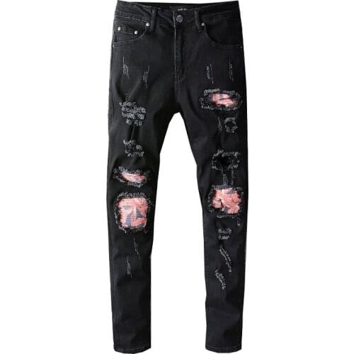 SEVEYFAN 2021 Mens Fashion Skinny Biker Jeans Black Patchwork Hole Denim Pants for Male