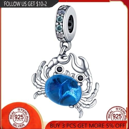 NEW 925 Sterling Silver Blue Zircon Small Crabs Charms Fit Original Pandora Bracelet&Bangle Making Fashion DIY Jewelry For Women