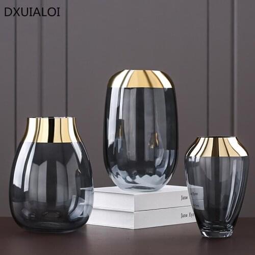Nordic Gold Foil Flower Vase Figurines Living Room Decor Accessories Glass Flower Vase Ornaments Home Decoration Furnishing