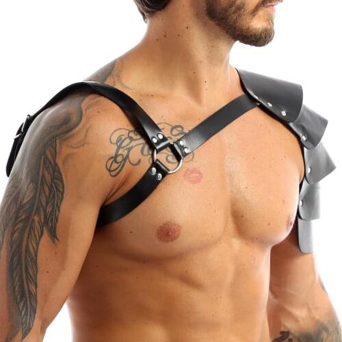 TiaoBug Men PU Leather One Shoulder Armor Cosplay Sexy Punk Body Chest Harness Belts Bondage Nightclub Role Party Rave Costume