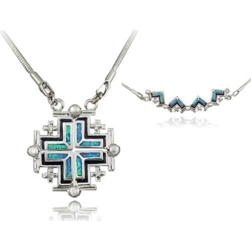Unique Blue Fire Opal Silver Plated Cross Shaped Pendant Necklace OP418