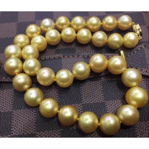 Gorgeous 12-13mm south sea gold round pearl necklace 18inch 925s kkk