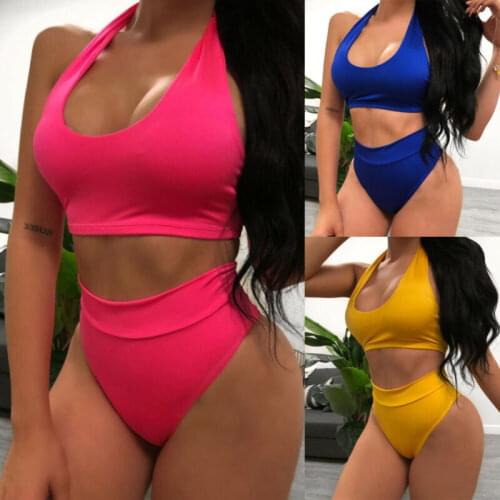 Two Piece Solid Color Halter Swimwear Women Swimsuit High Waist Sexy U-neck Beachwear Solid Push Up Padded Bra Bikini Sets