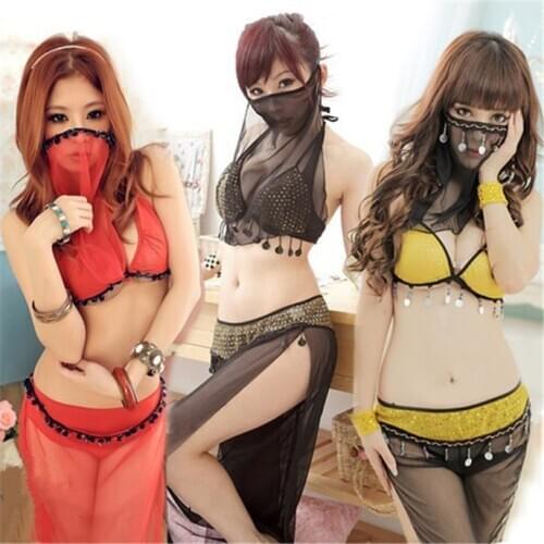Lingerie Arab Costume Suits Sexy Three Colors Women Party India Cosplay Nightdress Mesh Legging Mask G String Pants Dress