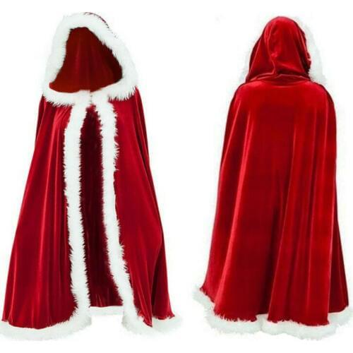 Women Christmas Red Velvet Santa Claus Coats Clothes Deluxe Cloak Cape with white Fluffy Trim Princess Cardigan Clothes