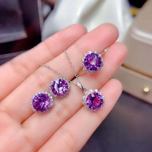 100% Real Natural Amethys Set 925 Sterling Silver 1pc Amethys Ring,2pcs Amethys Earring,1pc Amethys Pendant Female Engagement Je