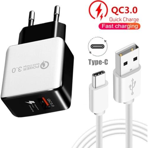 QC3.0 USB Adapter fast Charger For Samsung S9 A22 Huawei Xiaomi Redmi Note 10 NOKIA 5.3 Motorola G30 LG Honor Phone Type C Cable