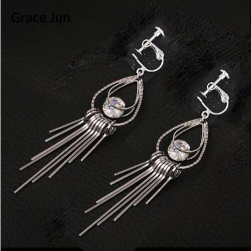 Grace Jun High-grade Cubic Zircon Double Water Drop Shape Clip on Earrings Non Pierced and Pierced Earrings Not Allergy Bijoux