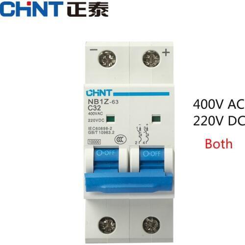 CHINT Brand DC 220V AC400V AC/DC Home Mini Circuit Breaker Air Switch 2P Solar DC220V MCB NB1Z-63