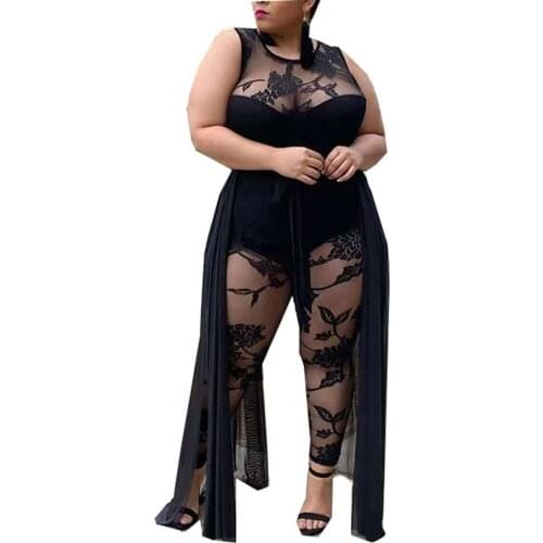 Plus Size Sets Jumpsuit Women Elegance Summer Street Wear Round Collar Lace Flocking Print Casual Base Wholesale Dropshipping
