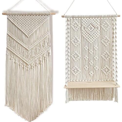 2 Piece Set of Macrame Wall Hanging Shelf for Plants + Large Wall Hanging Boho Bedroom Decor Plant Shelves Decorations