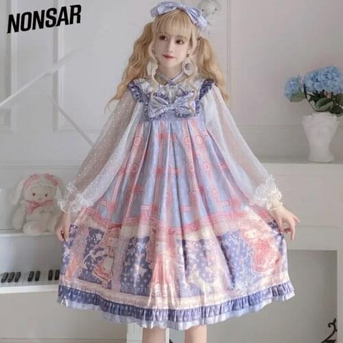 NONSAR Summer Sweet Kawaii Jsk Lolita Dress Women Sleeveless Bow Princess Vintage Victorian Gothic Cartoon Party Dresses