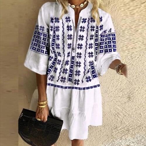Flokocloset Summer Print V-Neck Loose Dresses for Ladies Beach Style Mini Dress Casual Vintage Party Women Dress Female Vestidos