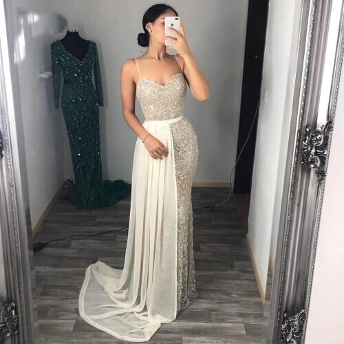 Perles de luxe dentelle robes de soirée sirène Occasion formelle femmes robes de soirée sans manches Spaghetti avec jupe amovibl