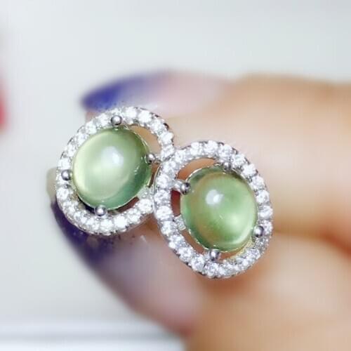 Natural real green prehnite stud earring Per jewelry 6*8mm 1.5ct*2pcs gemstone 925 sterling silver Fine jewelry T283114