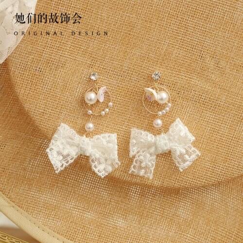 Lolita Girl Sweet Fairy Earring Classic Elegant Ear Clip Bowknot Lace Kawaii Ear Studs Jewelry Fashion Exquisite Ear Accessories