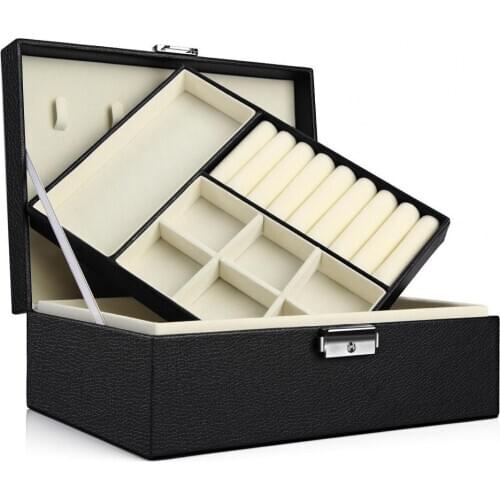 2 Layer Jewelry Box Lockable Faux Leather Jewelry Organizer Storage Box for Earring Holder Ring Necklace Bracelet Display Box