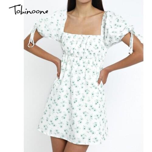Tobinoone Square Collar Draped Flower Printing Summer Dress Women Backless Sexy Dresses Ladies Lace Up Holiday Beach Dress 2021