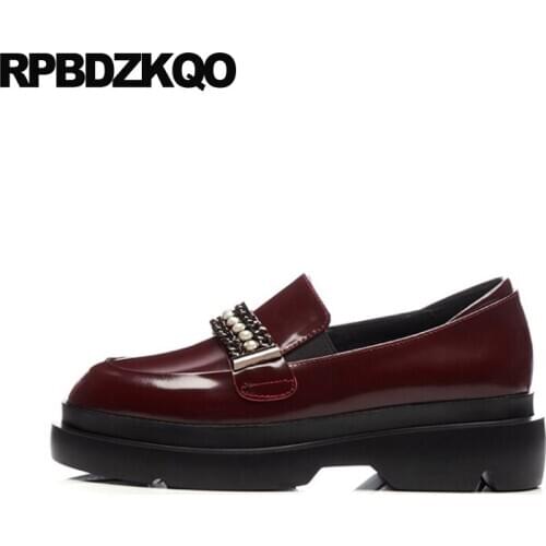 Creepers platform shoes thick sole footwear black loafers genuine leather designer women fashion red wine elevator slip on flats