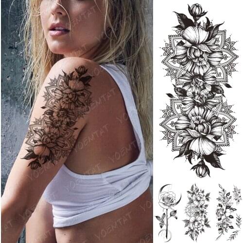 Waterproof Temporary Tattoo Sticker Peony Flower Flash Tattoo Female Black Wreath Geometry Line Body Art Arm Fake Tattoos Male