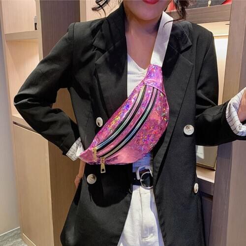 Women Shiny Sequins Waist Pack Durable Zipper Chest Bag Adjustable Belt Pocket Crossbody Bag
