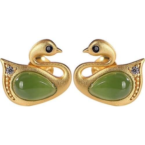 S925 sterling silver gold-plated natural Hetian jade green jade stud earrings cute niche temperament Swan Womens earrings