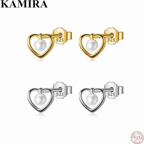 KAMIRA 925 Sterling Silver Korean Sweet Forever Love Heart Pearl Stud Earrings for Women Teen Charms Wedding Simple Jewelry 2021