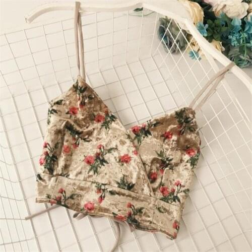 Women Retro Flower Printed Velvet Short Camis V-neck Lace Up Tube Cropped Tops 2019 New Summer Slim Backless Straps Tank Vests