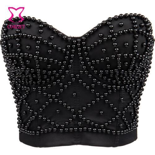Punk Rock Belly Dancing Clubwear Black Beading Strapless Bra Sexy Bralette Bras For Women Soutien Gorge Push Up Bustier Crop Top