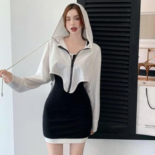 GUUZYUVIZ Sleeveless Sexy Sling Bodycon Dress Long Sleeve Zipper Hoodied Coat 2 Piece Set Women Casual Dress Set