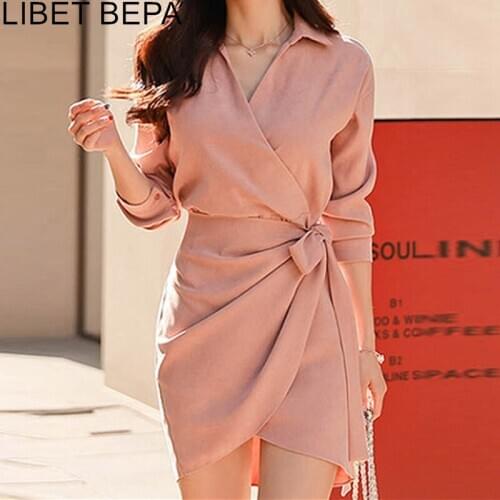 2021 Autumn Women Dresses Office Lady Elegant Asymmetriccal Lace Up Fold V-Neck Turn-down Collar High Waist Dress DR5015A