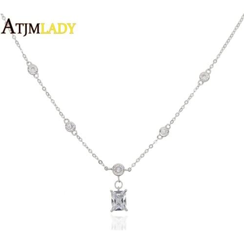 925 sterling silver trendy fashion round cz station jewelry dainty cz single baguette stone charm chain necklace women jewelry