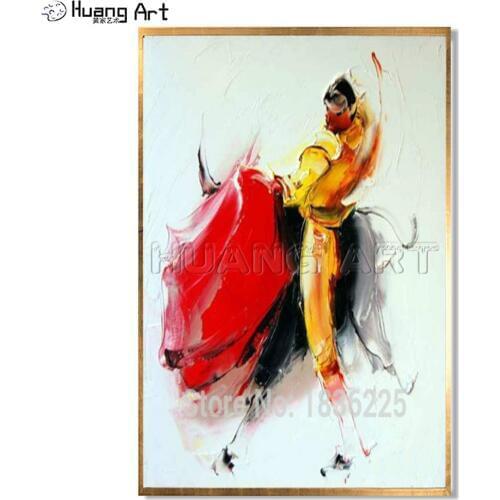 100% Hand Painted Modern Abstract Bullfighting Oil Painting for Wall Decor Matador and Bull Figure Knife Painting