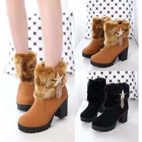 2020Square heel women winter shoes classic buckle warm fur snow ladies boots high heels black platform ankle boots women botas
