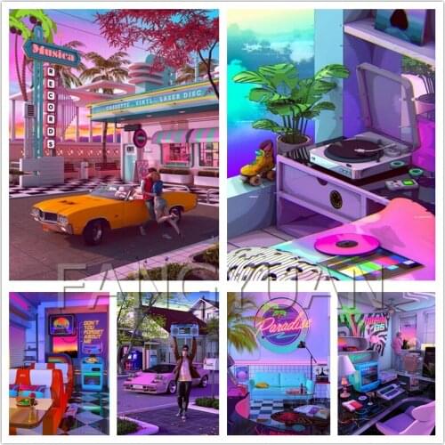 DIY Diamond Painting 80s Synthwave Poster Cross Stitch 5D Full Diamond Embroidery Mosaic Mosaic Home Decoration