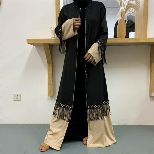 Arab Jilbab Muslim Women Patchwork Abaya Tassel Open Kimono Long Dress Zipper Kaftan Maxi Robe Ramadan Islamic Eid Middle East