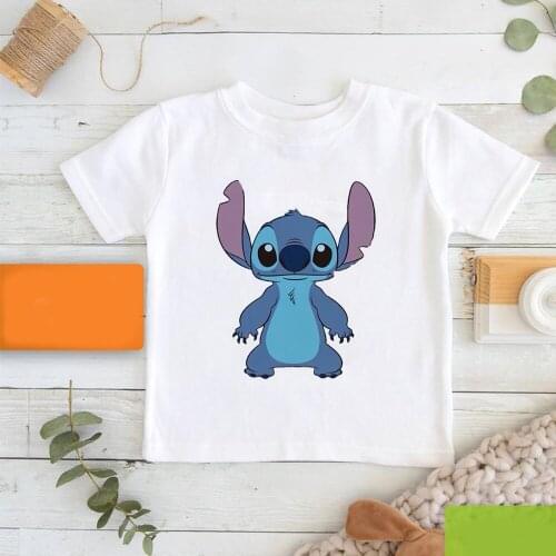 Disney White T Shirts Kids Outdoor Dropship Children T-shirts Kawaii Lilo & Stitch Printing Fashion Short Sleeve O-Neck Harajuku
