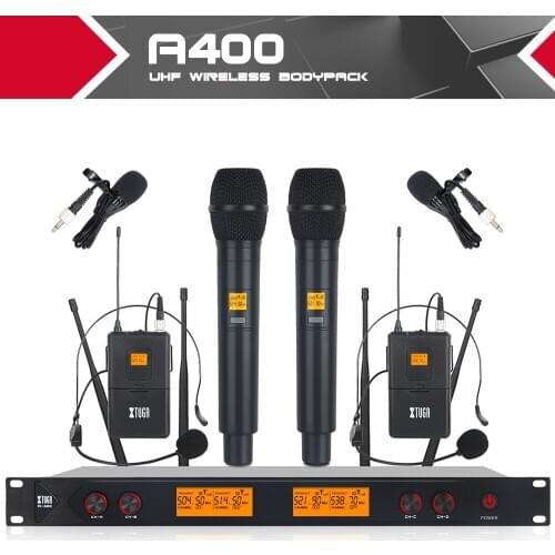 XTUGA A400 Metal Material 4-Channel UHF Wireless Microphone System with 2 Handheld 2 Bodypacks for Stage Church Family Party