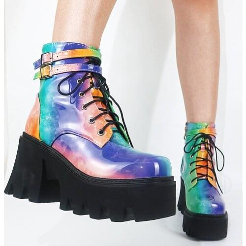 BONJOMARISA For Dropship Platform Chunky Heels Lace Up Ankle Boots Mixed Color Tie Dye Colorful Cool Punk Autumn womens Boots