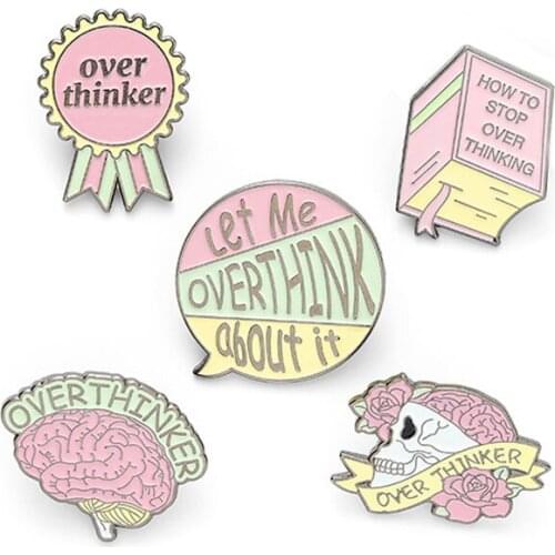 Pink Skull Overthinker Brooch Bag Clothes Backpack Lapel Enamel Pin Badges Cartoon Jewelry Gift For Friends Women Accessories