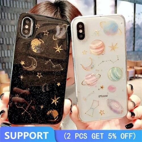 Ashion Glitter Space planet phone Cases for iphone 7 6 6s 8 Plus X Xr Xs Max Transparent Soft TPU Silicon Case Back Cover Coque