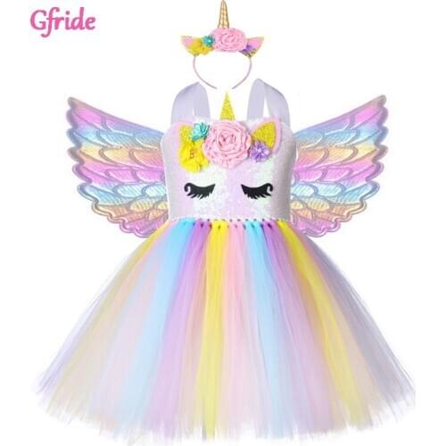 New Princess Girl Unicorn Costume For Kids Pony Tutu Dress With Headband Wings Children Dress Up Theme Party Dress Kids Clothes