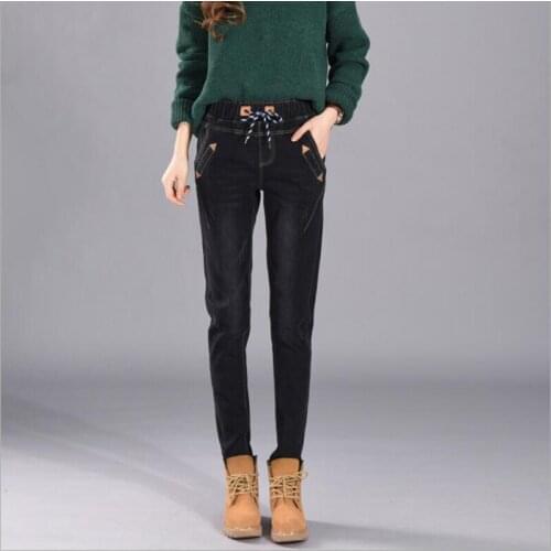 Herfst Patches Elastische Taille Vrouwen Jeans Hoge Taille Lace Up Enkellange Harembroek Vrouw Bekrast Stretch Denim Jongen vrie