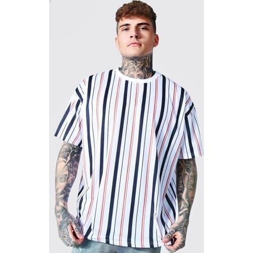 European and American youth summer striped printing casual park collar thin T-shirt mens