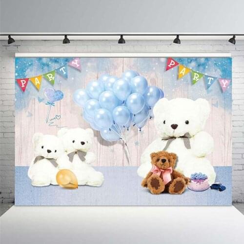 Teddy Bear Backdrop for Baby Shower 7x5ft Blue Balloons Wooden Board Baby Shower Decorations for Girl Boy Party Banner