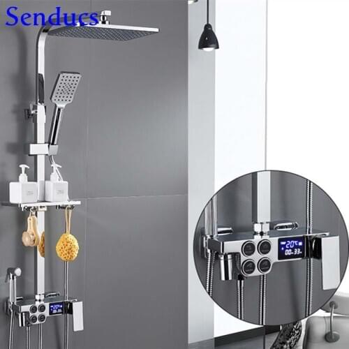 Chrome Bath Shower Set Intelligent Bathroom Digital Shower System Square Brass Bathtub Shower Faucet Temperature Shower Sets