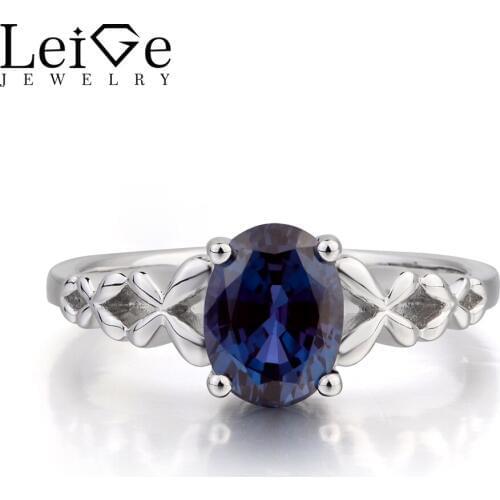 Leige Jewelry Alexandrite Ring Wedding Ring June Birthstone Oval Cut Gemstone Color Changing Gems Solid 925 Sterling Silver
